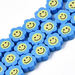 Handmade Polymer Clay Bead Strands, Flower with Smile, Dodger Blue, 8~10x8~10x4~5mm, Hole: 1.2~1.6mm, about 38~40pcs/strand, 12.99 inch~15.94 inch(33~40.5cm)(CLAY-N006-73B)