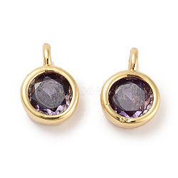 Brass Micro Pave Cubic Zirconia Charms, Flat Round, Real 18K Gold Plated, Purple, 9x6x3.5mm, Hole: 2mm(KK-C051-38G-05)