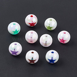 UV Plating Rainbow Iridescent Acrylic Beads, Round with Star Pattern, Mixed Color, 15mm, Hole: 3.7mm(X-OACR-H015-14)