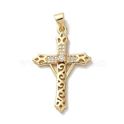 Brass Micro Pave Cubic Zirconia Pendants, Cross, Real 18K Gold Plated, 33x21x3.5mm, Hole: 4x3.5mm(KK-A212-10E-G)