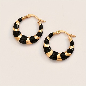 Stylish Enamel Earrings Set, High Quality Stainless Steel Gold-plated Hoop Earrings, Black, 26x26mm