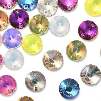 Glass Connector Charms, Sew on Rhinestone, Flat Round, Mixed Color, 12x5.4mm, Hole: 1mm