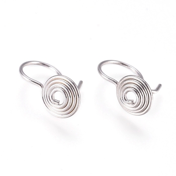 Brass Spiral Wire Earring Hooks, Long-Lasting Plated, Real Platinum Plated, 14x7.5mm, 21 Gauge, Pin: 0.7mm