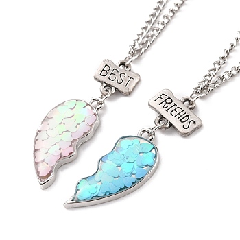 Best Friends Alloy Pendant Necklaces, Valentine's Day Broken Heart Necklace, Platinum, Mixed Color, 20.31 inch(51.6cm), 2.4mm, 2pcs/set