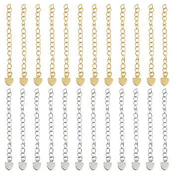 40Pcs 2 Colors Rack Plating Brass Curb Chain Extender, End Chains with Heart Drop, Mixed Color, 59mm, 20pcs/color