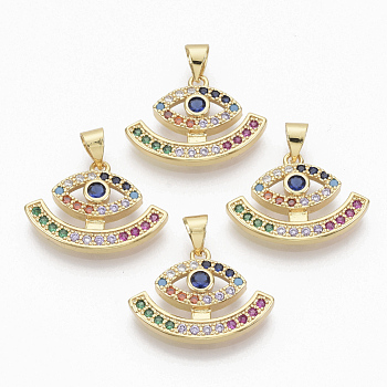 Brass Micro Pave Cubic Zirconia Pendants, Eye, Colorful, Golden, 16x22.5x4.5mm, Hole: 3x4mm