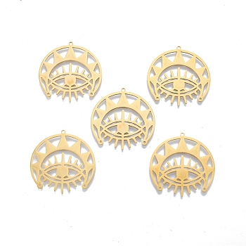 201 Stainless Steel Chandelier Components Links, Moon with Eye, Real 18K Gold Plated, 35x34.5x1mm, Hole: 1.4mm & 1.2mm