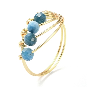 Natural Apatite Copper Round Beaded Finger Ring, Light Gold Copper Wire Wrapped Vortex Ring, US Size 8 1/2(18.5mm)