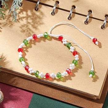 Christmas Handmade Glass Seed & Glass Braided Bead Bracelet, Adjustable Braided Nylon Cord Bracelet for Women, Flower, Colorful, Inner Diameter: 2~3-1/4 inch(5.2~8.2cm)