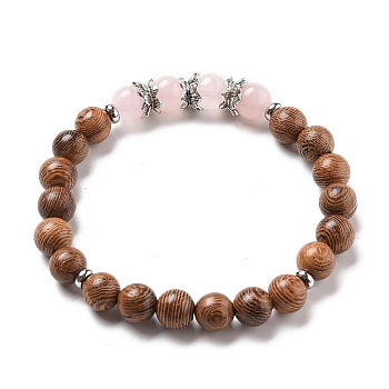 Stretch Bracelets, with Round Natural Rose Quartz Beads, Natural Wood Beads, Alloy Bead Caps and 304 Stainless Steel Spacer Beads, Inner Diameter: 2-1/8 inch(5.5cm)