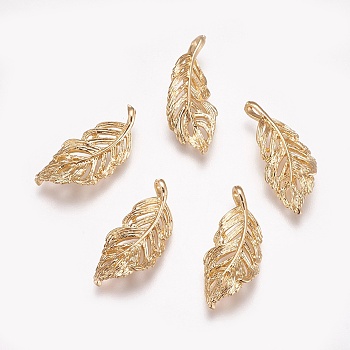 Brass Pendants, Nickel Free, Real 18K Gold Plated, Leaf, 22x10x3mm, Hole: 1x3mm