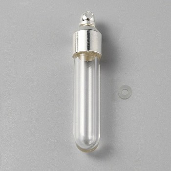 Clear Glass Tube Wish Bottle Pendants, with Zinc Alloy Finding, Silver, 35x7mm, Hole: 1.8mm