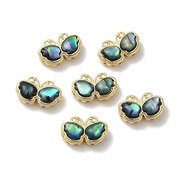 Brass Hollow Butterfly Beads with Natural Abalone Shell/Paua Shell, Real 14K Gold Plated, 9.5x15.5x6mm, Hole: 0.9mm and 1.2mm
