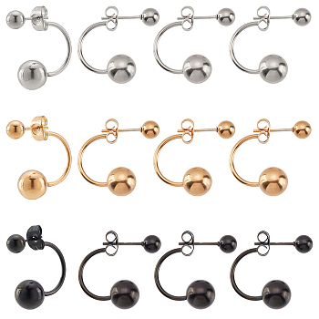 Unicraftale 12Pcs 3 Colors 304 Stainless Steel Stud Earrings, C-shape with Ball Hypoallergenic Earrings, Mixed Color, 21mm, Pin: 0.8mm, 4pcs/color