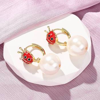 Ladybug with Round Brass Micro Pave Cubic Zirconia Hoop Earrings, with Enamel & Glass Beads, Cadmium Free & Lead Free, Long-Lasting Plated, Rack Plating, Real 18K Gold Plated, 34.5x16mm