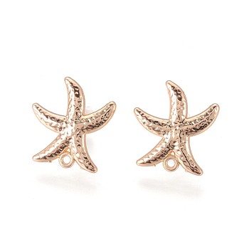 Brass Stud Earring Findings, with Plastic Ear Nuts and Loop, Long-Lasting Plated, Starfish/Sea Stars, Light Gold, 18x17x2mm, Hole: 1.2mm, Pin: 0.7mm