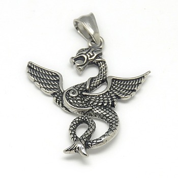 Fashionable Retro 304 Stainless Steel Dragon Pendants, Antique Silver, 40.5x34x4mm, Hole: 4x7mm