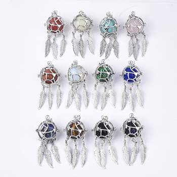 Alloy Cage Big Pendants, Hollow Round, with Synthetic Mixed Stone Round Beads, Antique Silver, Woven Net/Web with Feather, Mixed Color, 57~58x24x19.5mm, Hole: 8.5x3.5mm, Inner Diameter: 17mm, Bead: 15.5~16mm