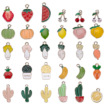 Alloy Enamel Pendants, Light Gold, Fruits and Vegetables, Mixed Color, 60pcs/box