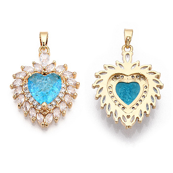 Brass Micro Pave Clear Cubic Zirconia Pendants, with Glass, Flower, Real 18K Gold Plated, Deep Sky Blue, 26x21x6.5mm, Hole: 4x2.5mm