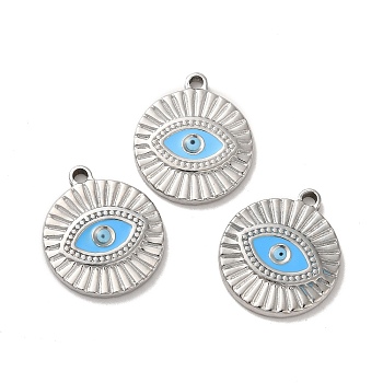 304 Stainless Steel Enamel Pendants, Flat Round with Evil Eye Charm, Stainless Steel Color, 21x18.5x2.5mm, Hole: 2mm