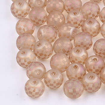 Electroplate Glass Beads, Plaid Beads, Frosted, Round with Tartan Pattern, Dark Salmon, 8~8.5mm, Hole: 1.5mm