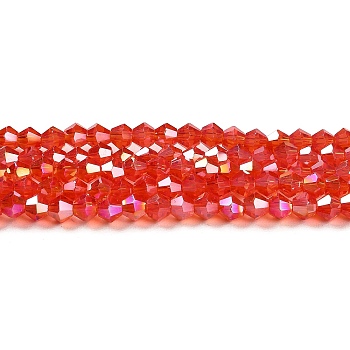 Transparent Electroplate Glass Beads Strands, AB Color Plated, Faceted, Bicone, Red, 4x4mm, Hole: 0.8mm, about 87~98pcs/strand, 12.76~14.61 inch(32.4~37.1cm)