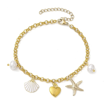 Natural Pearl & Iron Rolo Chain Bracelets, Summer Beach Shell & Starfish Charm Bracelets for Women, Golden, 9-3/8 inch(23.8cm)