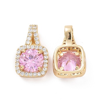 Brass Micro Pave Cubic Zirconia Pendants, Real 18K Gold Plated, Square Charms, Pink, 18x11x6mm, Hole: 6x3.5mm