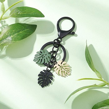 Baking Paint Alloy Keychains, Leaf, with Lobster Claw Clasps, Black, 89mm