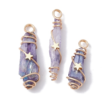 Electroplated Natural Quartz Crystal Dyed Copper Wire Wrapped Pendants, Teardrop Charms with Brass Star, Golden, Lilac, 28~39x8~12x8mm, Hole: 4mm