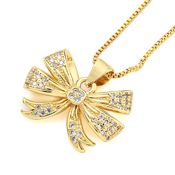 Brass Micro Pave Clear Cubic Zirconia Pendant Necklaces, Bowknot, Real 18K Gold Plated, 17.87 inch(454mm), Bowknot: 15x20mm