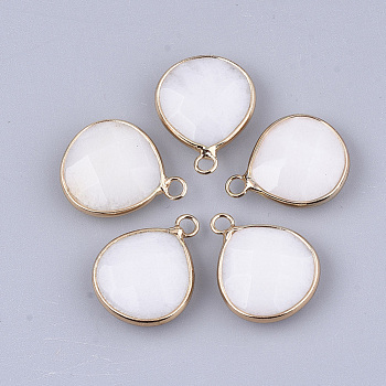 Natural White Jade Pendants, with Brass Findings, Faceted, Dyed, Teardrop, Golden, White, 20~22x17~18x6~7mm, Hole: 1.5~2.5mm