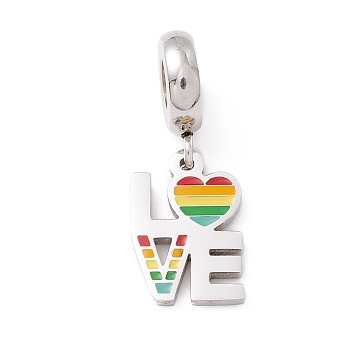 304 Stainless Steel European Dangle Charms, Large Hole Pendants, with Enamel, Word Love, Stainless Steel Color, 24mm, Hole: 4mm