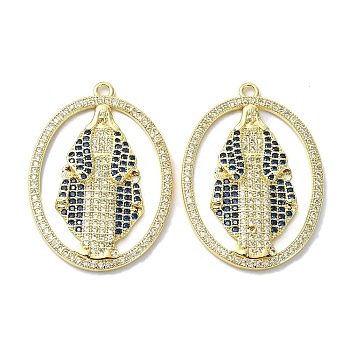 Rack Plating Brass Micro Pave Cubic Zirconia Pendants, Real 18K Gold Plated, Long-Lasting Plated, Lead Free & Cadmium Free, Oval with Human, Dark Blue, 34.5x24.5x2.5mm, Hole: 1.8mm