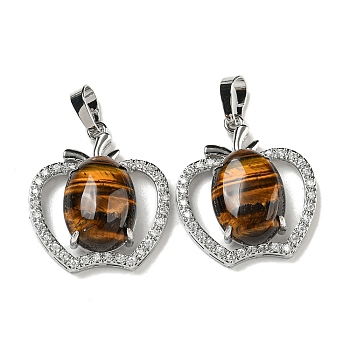 Natural Tiger Eye with Clear Cubic Zirconia Pendants, Apple Charms with Rack Plating Brass Findings, Platinum, Cadmium Free & Lead Free, 28.5x25.5x9~10mm, Hole: 7x5mm