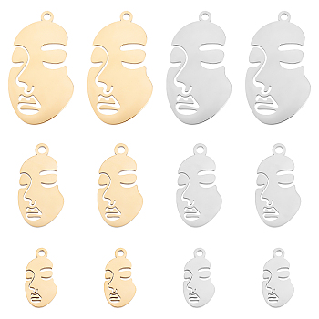 12Pcs 6 Style 304 Stainless Steel Pendants, Abstract Face, Golden & Stainless Steel Color, 2pcs/style