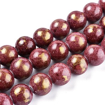 Natural Mashan Jade Beads Strands, with Gold Foil, Dyed, Round, Brown, 10mm, Hole: 1.4mm, about 39pcs/strand, 15.55 inch(39.5cm)