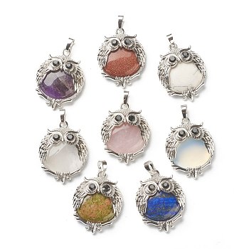 Mixed Gemstone Pendants, with Platinum Tone Brass Findings, Flat Round with Owl, 36~36.5x27.5~28.5x9.5~10mm, Hole: 6.5x4mm