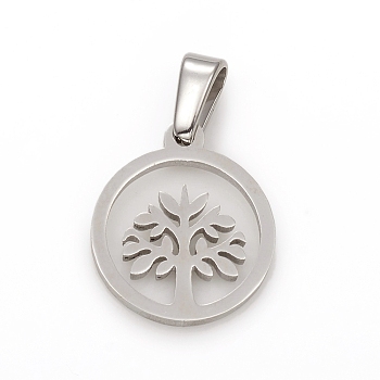 304 Stainless Steel Pendants, Ring with Tree of Life, Stainless Steel Color, 15.5x13x1.5mm, Hole: 2.5x4.5mm