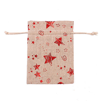 Christmas Theme Linenette Drawstring Bags, Rectangle, Star Pattern, 18x13cm