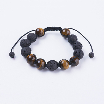 Adjustable Nylon Cord Braided Bead Bracelets, with Lava Rock & Tiger Eye Beads, 2 inch(51mm)