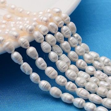 Grade A Natural Cultured Freshwater Pearl Strands, Idea for Mother's Day Gift, Rice Beads, White, 5.6~7x4~5mm, Hole: 0.8mm, about 27pcs/strand, 7.1 inch(18cm) long(X-A23WM011-01)