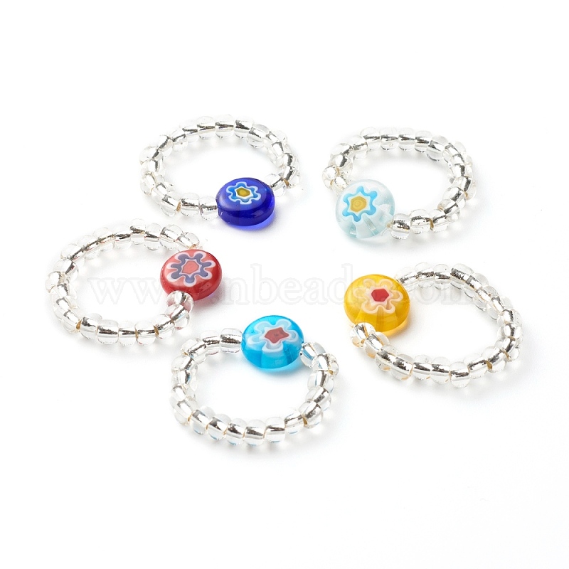 混合色 ガラス リング (RJEW-JR00381)-ヒマワリ手作りミルフィオリガラスビーズ指輪子供女性のための, 透明なガラスシードビーズリング,  ミックスカラー, usサイズ8（18.1mm）