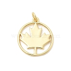Brass Pendants, Round with Maple Leaf Charms, Long-Lasting Plated, Rack Plating, Lead Free & Cadmium Free, Real 18K Gold Plated, 21x18x1.5mm, Hole: 3mm(KK-Z147-13G)