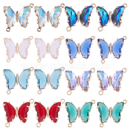 16Pcs 8 Colors Brass Glass Connector Charms, Butterfly Links, with Crystal Rhinestone, Golden, Mixed Color, 20.5x21.5x5mm, Hole: 1.2mm, 2pcs/color(KK-SC0003-64)