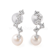 925 Sterling Silver Studs Earring, with Cubic Zirconia and Natural Pearl, Branch, Platinum, 16.5x5mm(EJEW-H002-26P)