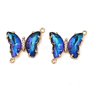 Brass Pave Faceted Glass Connector Charms, Golden Tone Butterfly Links, Medium Blue, 20x22x5mm, Hole: 1.2mm(X-FIND-Z020-04D)