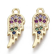 Brass Micro Cubic Zirconia Charms, Nickel Free, Real 18K Gold Plated, Wing, Colorful, 14.5x6x1.5mm, Hole: 1.2mm(KK-N231-120-NF)