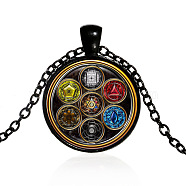 Chakra Yoga Theme Glass Pendant Necklace, Alloy Jewelry for Women, Electrophoresis Black, 19.69~21.65 inch(50~55cm)(CHAK-PW0001-018D)